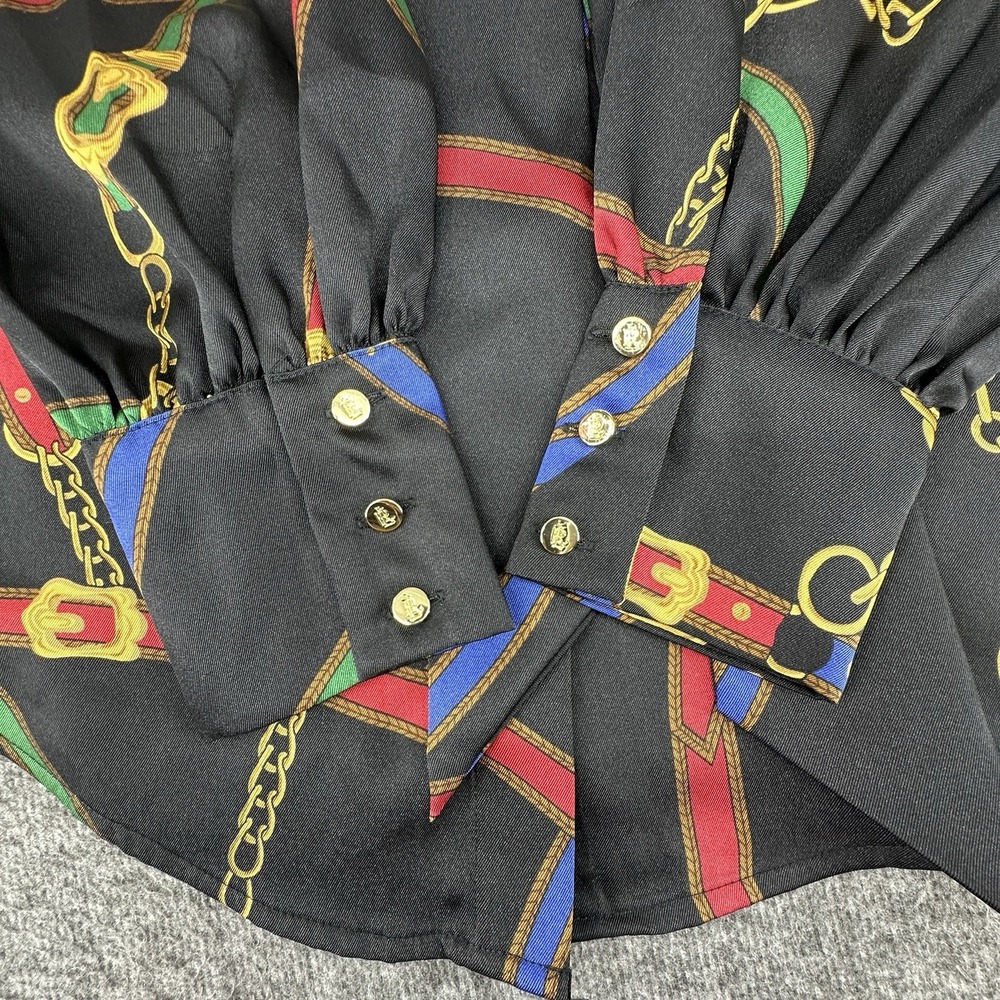 Lauren‎ Ralph Lauren Equestrian Chain Print Blouse Preppy Scarf Tie Neck Size M - Picture 9 of 10